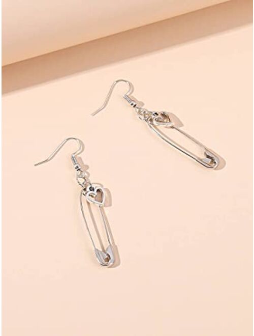 Shower set Hoop Earrings Heart & Safety Pin Charm Drop Earrings (Color : Antique Silver, Size : OneSize)