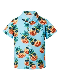 RAISEVERN Boys Button Down Shirts Hawaiian Cartoon Print Slim-Fit Short Sleeve Cool Dress Shirt Cute Top for Kids(2-10T)