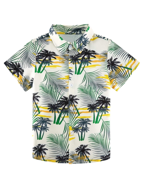 RAISEVERN Boys Button Down Shirts Hawaiian Cartoon Print Slim-Fit Short Sleeve Cool Dress Shirt Cute Top for Kids(2-10T)