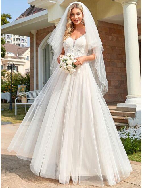 EVER-PRETTY Floral Embroidered Applique Mesh Wedding Dress Without Veil