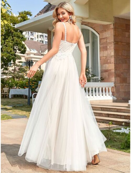EVER-PRETTY Floral Embroidered Applique Mesh Wedding Dress Without Veil
