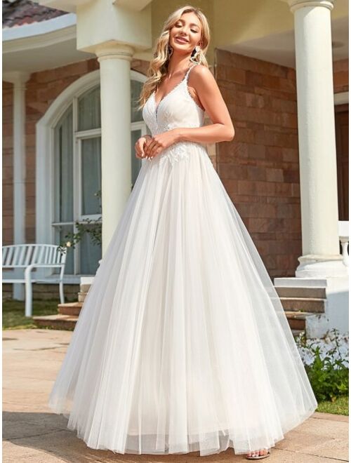 EVER-PRETTY Floral Embroidered Applique Mesh Wedding Dress Without Veil