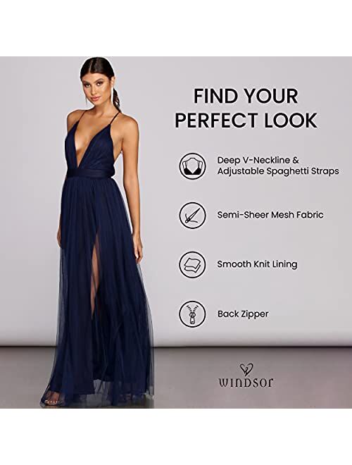 Windsor Long Formal Tulle Dress, Sleeveless V-Neck Tulle Ball Gown with High Front Slits, Weddings, Bridesmaid Dresses
