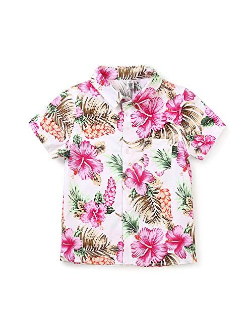 OCHENTA Little & Big Boy's Print Button Down Hawaiian Shirt Short Sleeve Tops