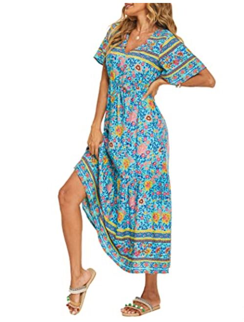 Zeagoo Women's V Neck Bohemian Dress Floral Printed Maxi Dress Short Sleeve Beach Party Dress
