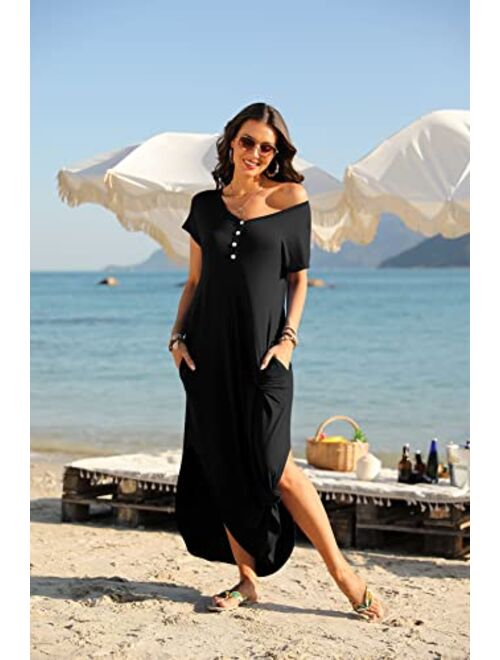 GRECERELLE Women Casual Loose Sexy Deep V Maxi Dress Short Sleeve Button Down Summer Split Beach Long Dress with Pockets