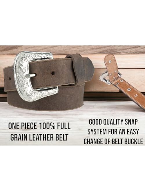 F&L Classic mens belt Western full grain Leather Engraved Tooled Strap w/Snaps for Interchangeable Buckles, USA