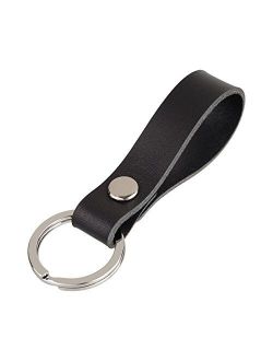 BeeSpring Leather Keychain Handcraft Silver Key Ring Lanyard Handmade (Black)