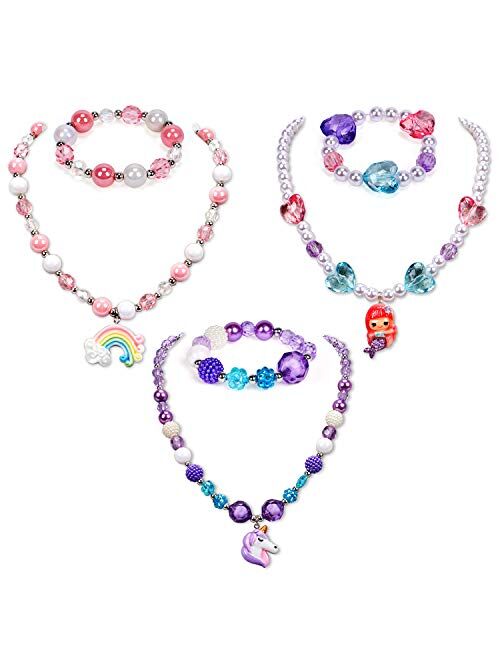 G.C 3 Sets Girl Princess Necklace Bracelet with Colorful Unicorn Mermaid Rainbow Pendant Kids Stretchy Chunky Costume Jewelry Gift Party Favors Dress up Jewelry for Littl