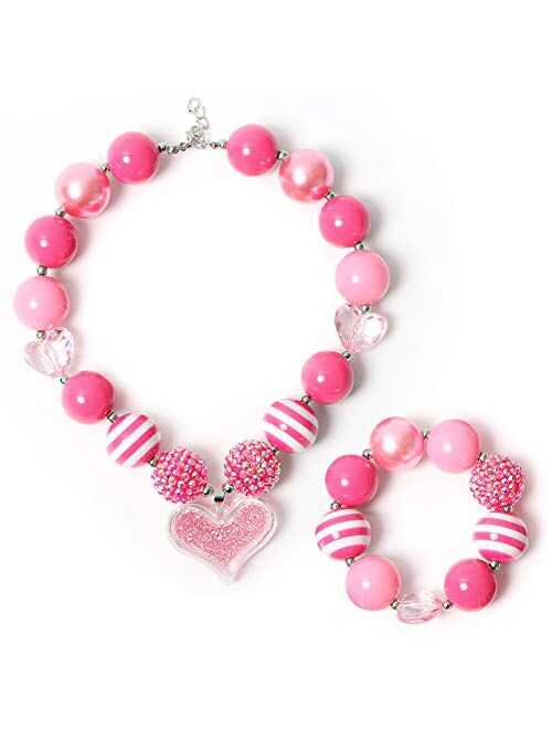 3 otters Little Girls Necklace Bracelet, Bead Necklaces for Toddler Necklace and Bracelet Set Jewelry Peach Heart Valentine's Day Gifts for 2 3 4 5 6 7 8 Year Old Girls