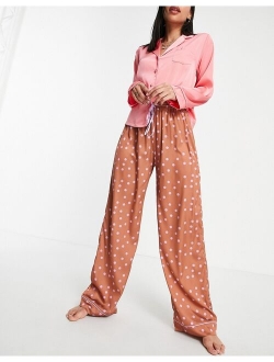 mix & match satin spot pajama pants in brown & lilac