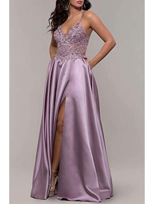 Lilibridal Satin V-Neck Prom Dress High Slit Lace Applique Beaded Cross-Back Long Formal Evening Gown with Pockets