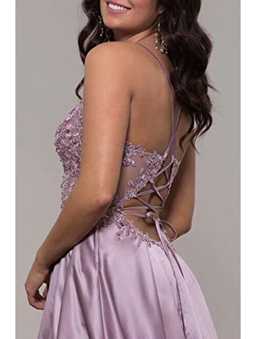 Lilibridal Satin V-Neck Prom Dress High Slit Lace Applique Beaded Cross-Back Long Formal Evening Gown with Pockets