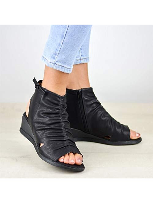 Syktkmx Womens Slouchy Backless Sandals Open Toe Booties Ruched Cutout Low Heel Ankle Boots Zip Up Summer Shoes