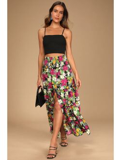 Tropical Trends Black Floral Print Smocked Tiered Maxi Skirt