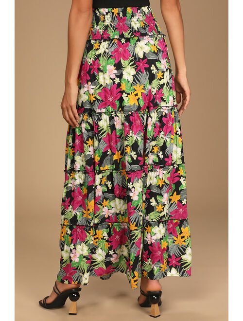 Lulus Tropical Trends Black Floral Print Smocked Tiered Maxi Skirt