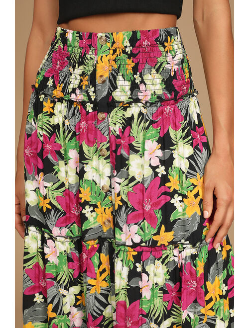 Lulus Tropical Trends Black Floral Print Smocked Tiered Maxi Skirt