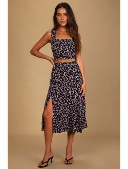 Wonderful Intentions Black Floral Print Button-Front Midi Skirt