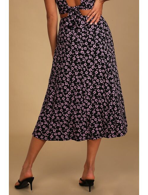 Lulus Wonderful Intentions Black Floral Print Button-Front Midi Skirt