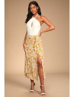 Ocean Breezes Mustard Yellow Tropical Print Faux-Wrap Midi Skirt