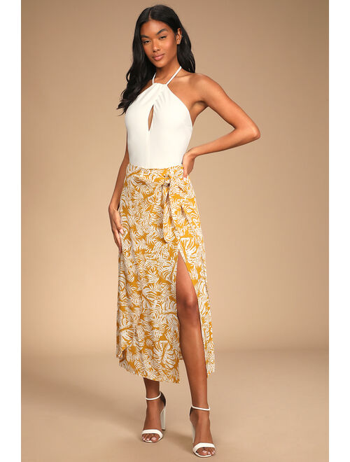 Lulus Ocean Breezes Mustard Yellow Tropical Print Faux-Wrap Midi Skirt