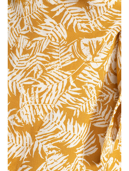 Lulus Ocean Breezes Mustard Yellow Tropical Print Faux-Wrap Midi Skirt
