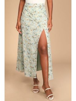 In Flower Sage Blue Floral Multi Print Embroidered Midi Skirt