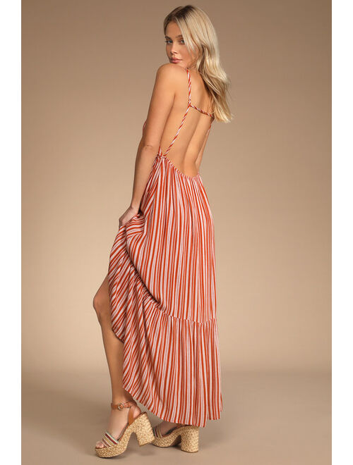 Lulus Beautifully Breathtaking Rust Striped Cutout Maxi Dress