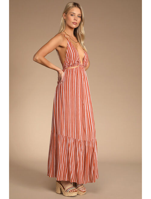 Lulus Beautifully Breathtaking Rust Striped Cutout Maxi Dress
