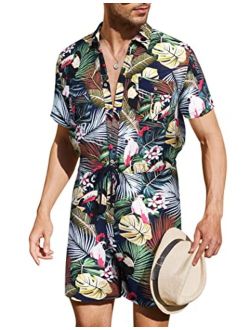 Mens Floral Shirts Sets Short Sleeve Casual Button Down Shirts One Piece Hawaiian Rompers Jumpsuit with Pockets