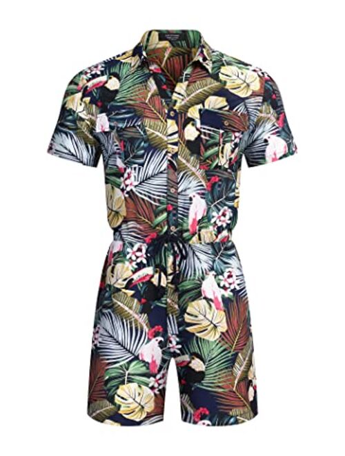 COOFANDY Mens Floral Shirts Sets Short Sleeve Casual Button Down Shirts One Piece Hawaiian Rompers Jumpsuit with Pockets