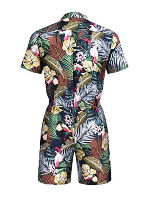 COOFANDY Mens Floral Shirts Sets Short Sleeve Casual Button Down Shirts One Piece Hawaiian Rompers Jumpsuit with Pockets