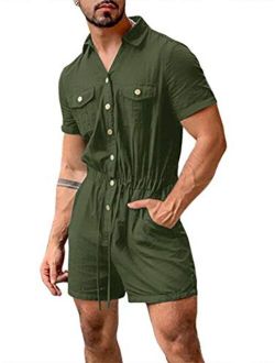 Bbalizko Mens Rompers Jumpsuits Cotton Button Down Short Sleeve One Piece Drawstring Shorts Coverall Tracksuits with Pockets