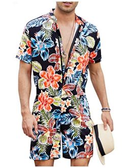 Men's One Piece Rompers Short Sleeve Hawaiian Floral Shirt Zipper Jumpsuit Shorts Casual Beach Playsuit with Pockets