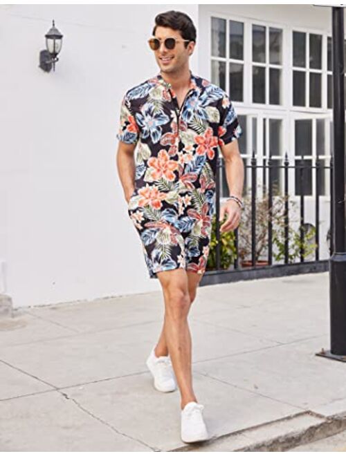 COOFANDY Men's One Piece Rompers Short Sleeve Hawaiian Floral Shirt Zipper Jumpsuit Shorts Casual Beach Playsuit with Pockets