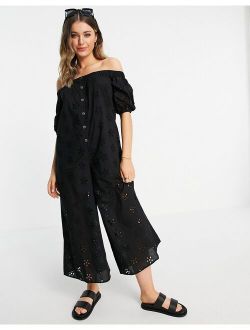 off shoulder puff sleeve button front jumpsuit in black broderie