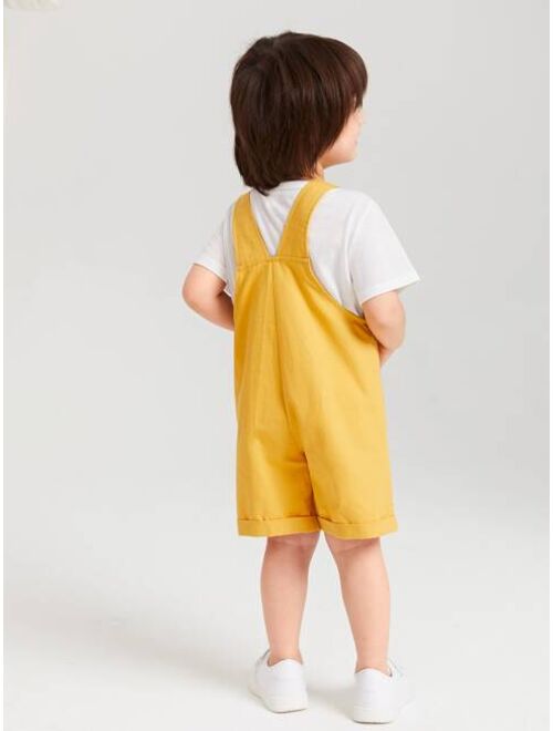 SHEIN Toddler Boys Letter Patch Detail Kangaroo Pocket Overalls Without Tee