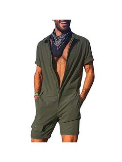 Axyrxwr Mens Short Sleeve Shorts Jumpsuits Summer Casual Rompers Zip Jumpsuit One Piece Party Hawaiian Bodysuit With Pocket