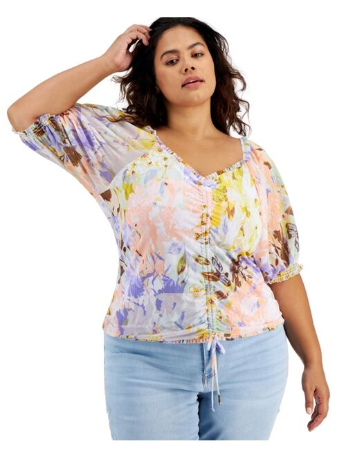 INC International Concepts Plus Size Printed Mesh Puff-Sleeve Ruched Top