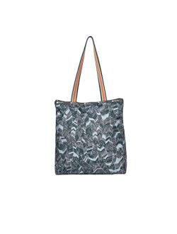 Dune Forest Easy Magazine Tote Bag, Style 3531/Color F960, Slate Grey/Khaki Grey Abstract Leaf Fronds, Unique Tri-Color Khaki, Tangerine & Slate Blue Strap/Out