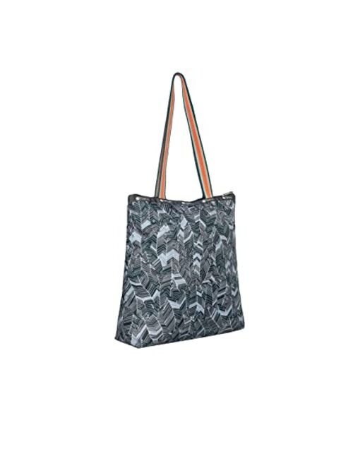 LeSportsac Dune Forest Easy Magazine Tote Bag, Style 3531/Color F960, Slate Grey/Khaki Grey Abstract Leaf Fronds, Unique Tri-Color Khaki, Tangerine & Slate Blue Strap/Out