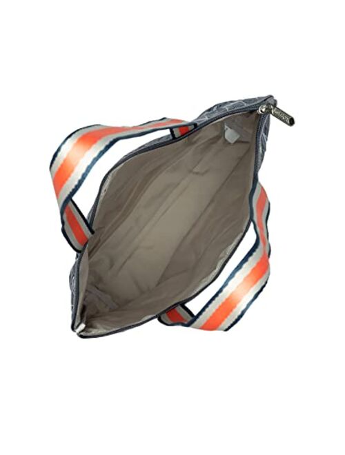LeSportsac Dune Forest Easy Magazine Tote Bag, Style 3531/Color F960, Slate Grey/Khaki Grey Abstract Leaf Fronds, Unique Tri-Color Khaki, Tangerine & Slate Blue Strap/Out