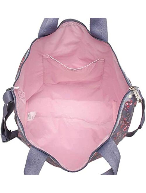 LeSportsac Laelia Dusk Easy Carry Tote Crossbody + Top Handle Handbag, Style 2431/Color F425, Plum Bag w Pink & Plum Laelia Orchids