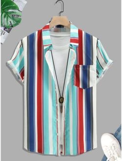 Men Colorful Striped Patched Pocket Shirt Without Tee