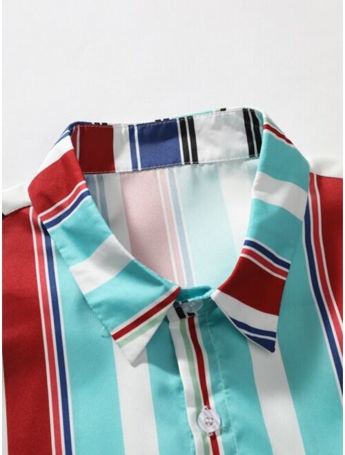 Shein Men Colorful Striped Patched Pocket Shirt Without Tee
