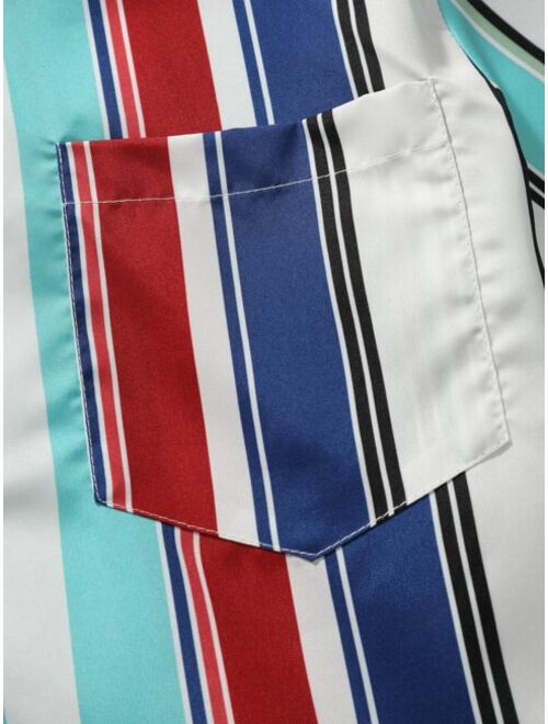 Shein Men Colorful Striped Patched Pocket Shirt Without Tee