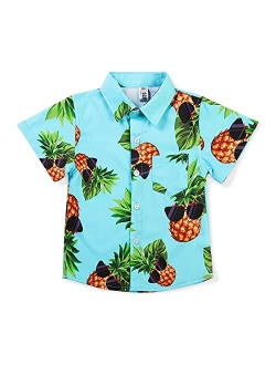 OCHENTA Boys Button Down Hawaiian Shirt Pineapple Sunglass Print Short Sleeve Aloha Party Tropical Beach Dress Tops