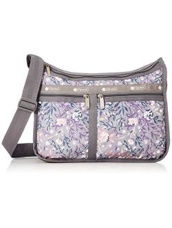Dancing Roses Deluxe Everyday Crossbody Bag   Cosmetic Bag, Style 7507/Color F685, Plum, Pink & Slate Blue Roses Artfully Arranged on Neutral Dove Grey Bag