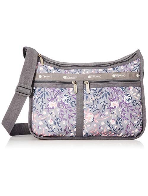 LeSportsac Dancing Roses Deluxe Everyday Crossbody Bag + Cosmetic Bag, Style 7507/Color F685, Plum, Pink & Slate Blue Roses Artfully Arranged on Neutral Dove Grey Bag