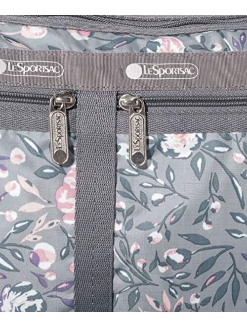 LeSportsac Dancing Roses Deluxe Everyday Crossbody Bag + Cosmetic Bag, Style 7507/Color F685, Plum, Pink & Slate Blue Roses Artfully Arranged on Neutral Dove Grey Bag